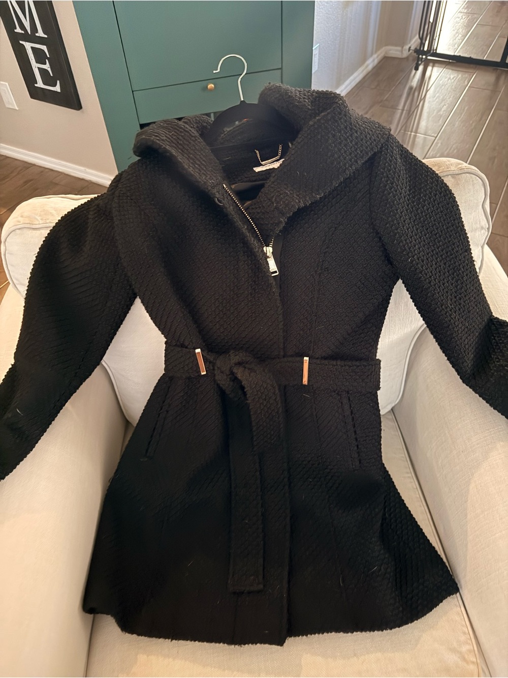 Calvin Klein Black Hooded Knit Belted Trench Coat